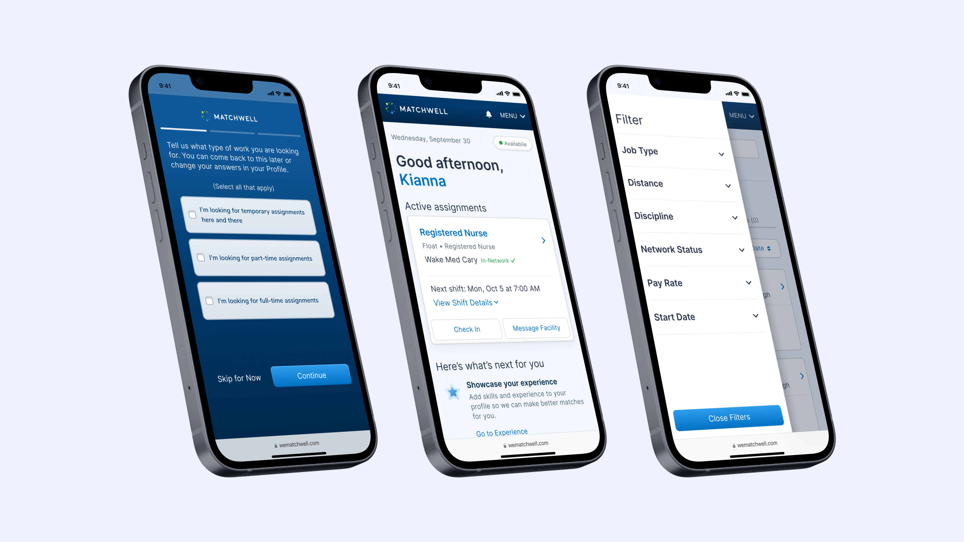 Screenshots of the Matchwell web app on mobile